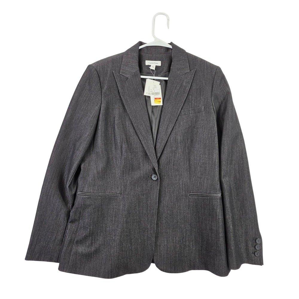 Calvin Klein Blazer Women 12 Charcoal Grey NWT One Button Tailored Suit Jacket